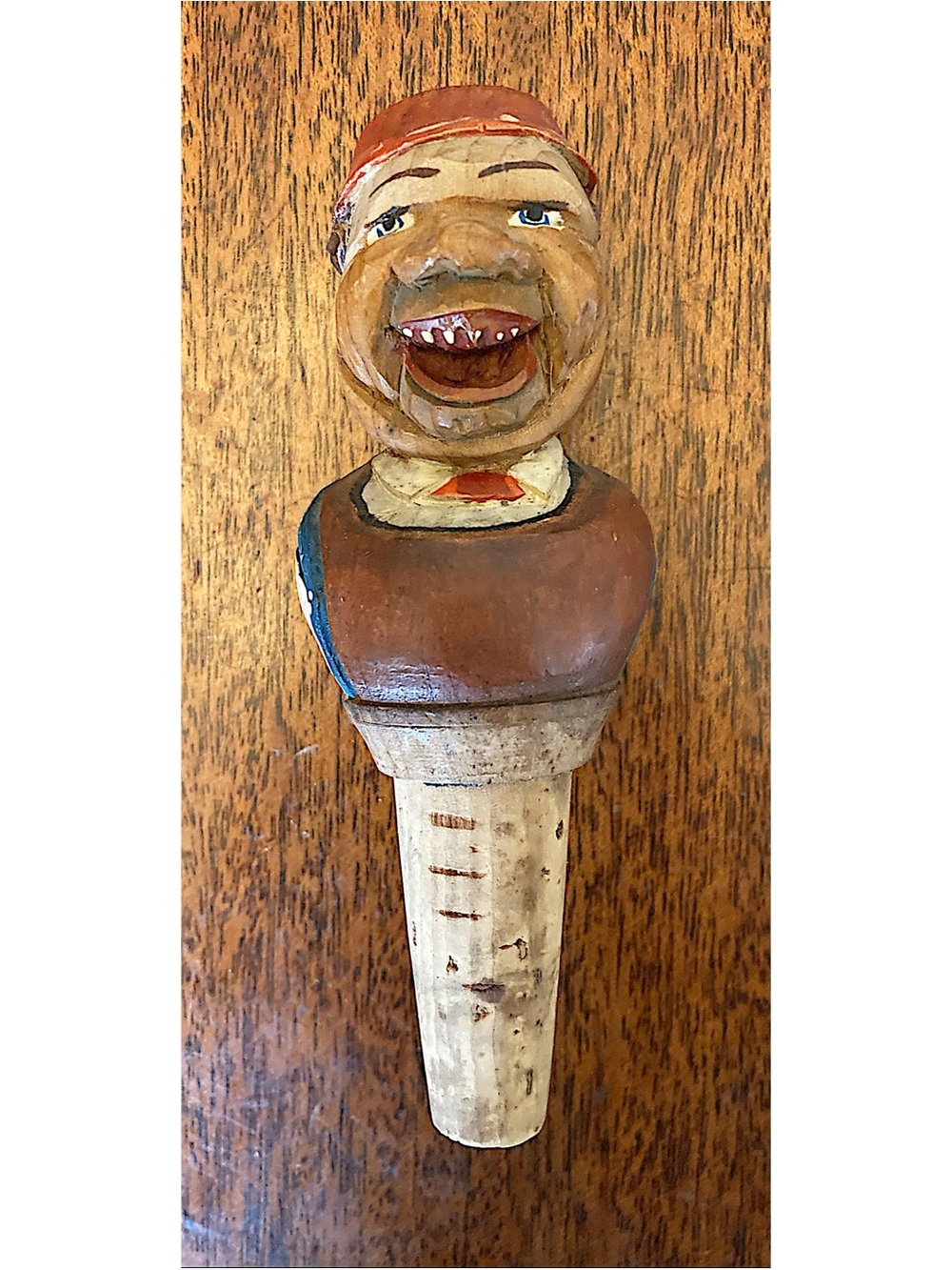 Hand-Carved Wooden Bottle Stopper - Brown, Blue, Cream